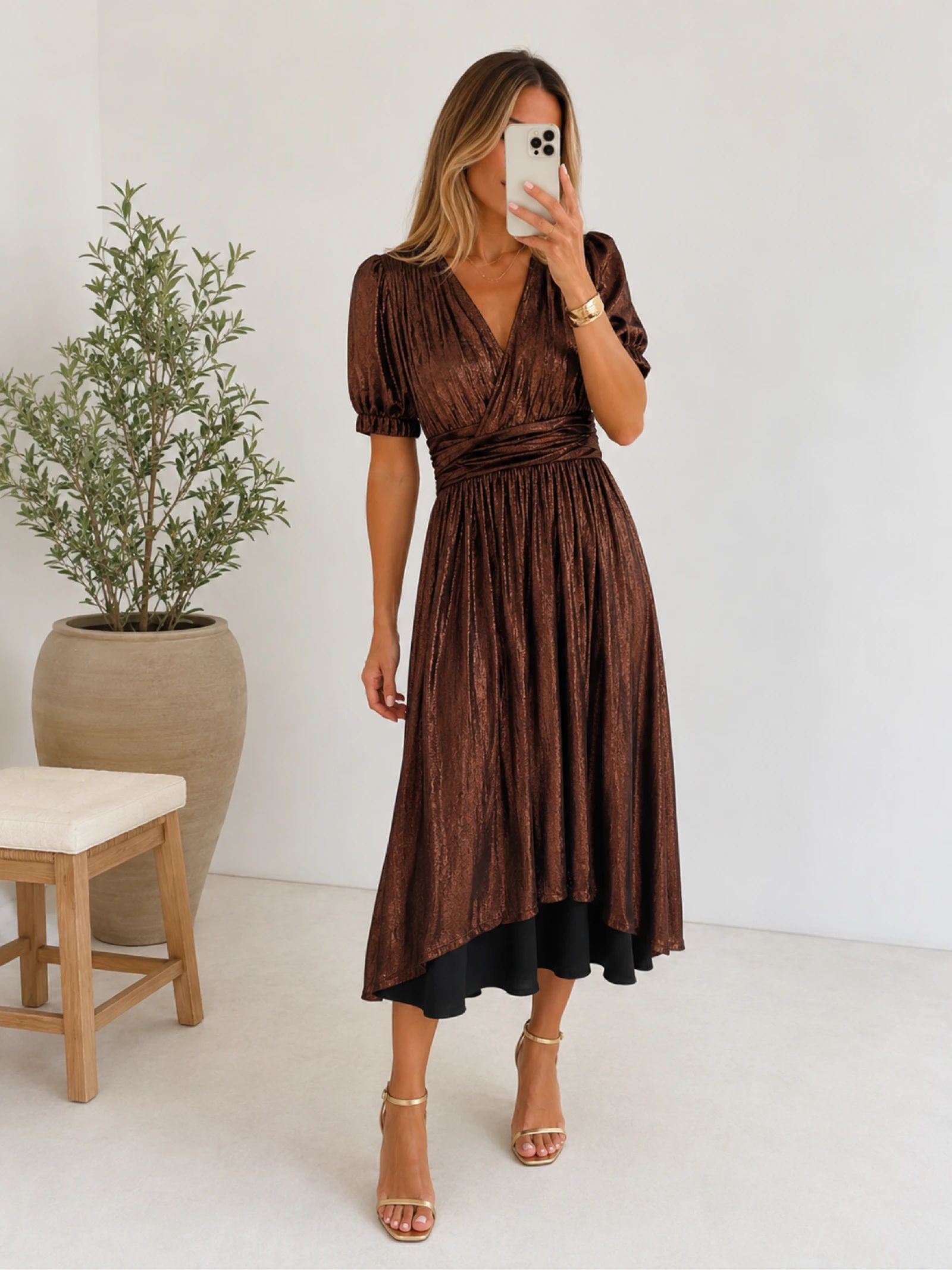 Promod bronzen metallic overslagjurk midi L 40 